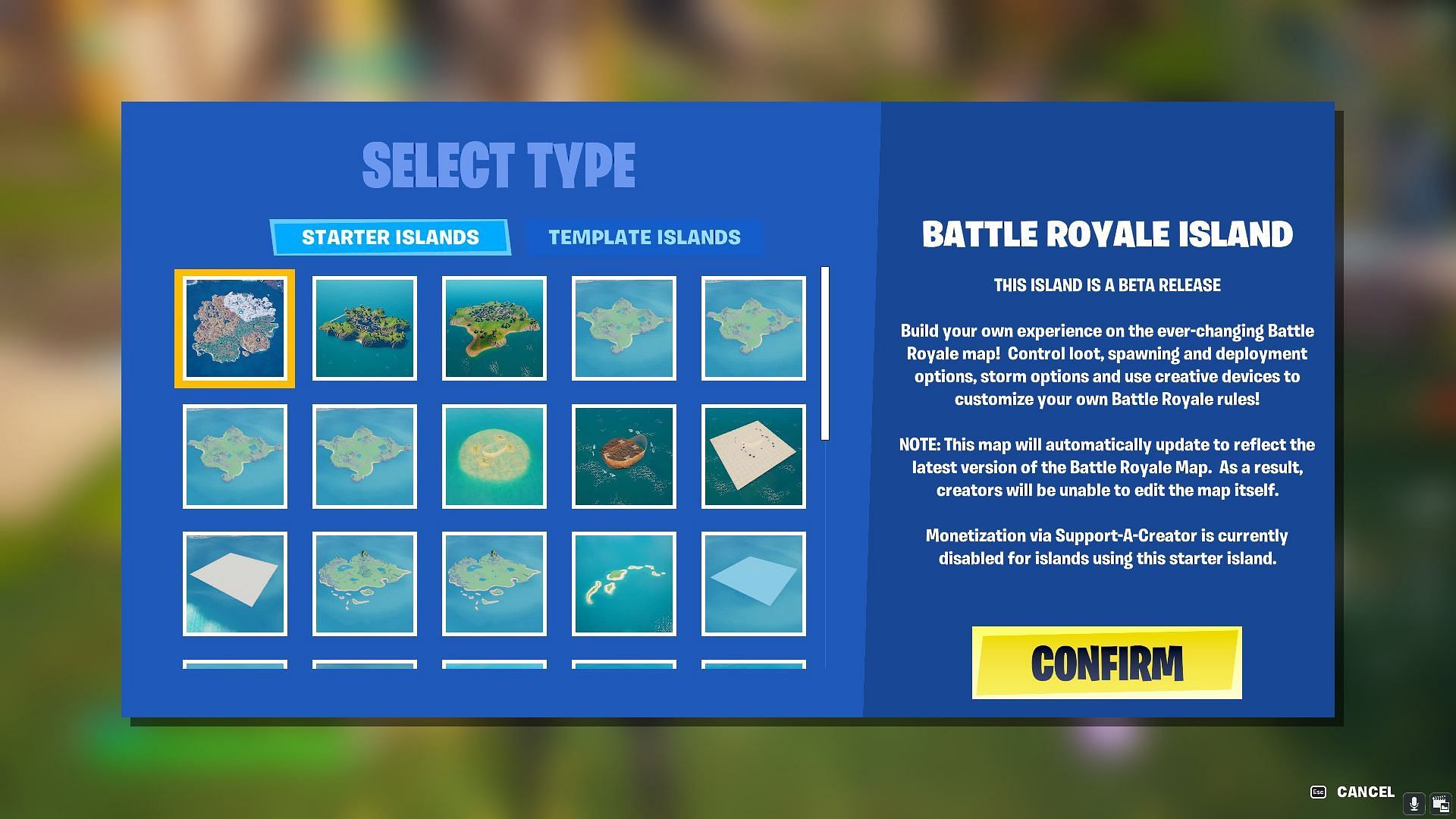Choose the island type (Image via Epic Games/Fortnite)