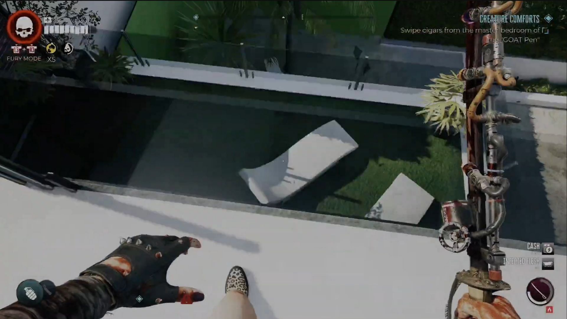 Just look down from the roof at the master bedroom balcony to get to this Dead Island 2 item (Image via Deep Silver)