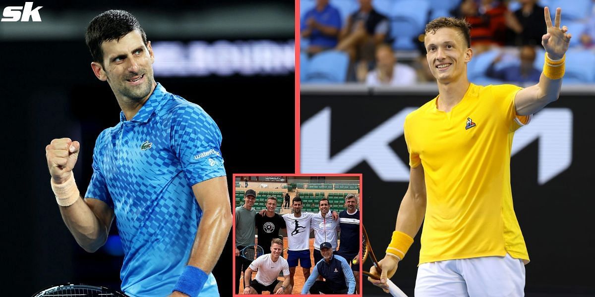 Novak Djokovic and Jiri Lehecka practice together in Monte-Carlo.