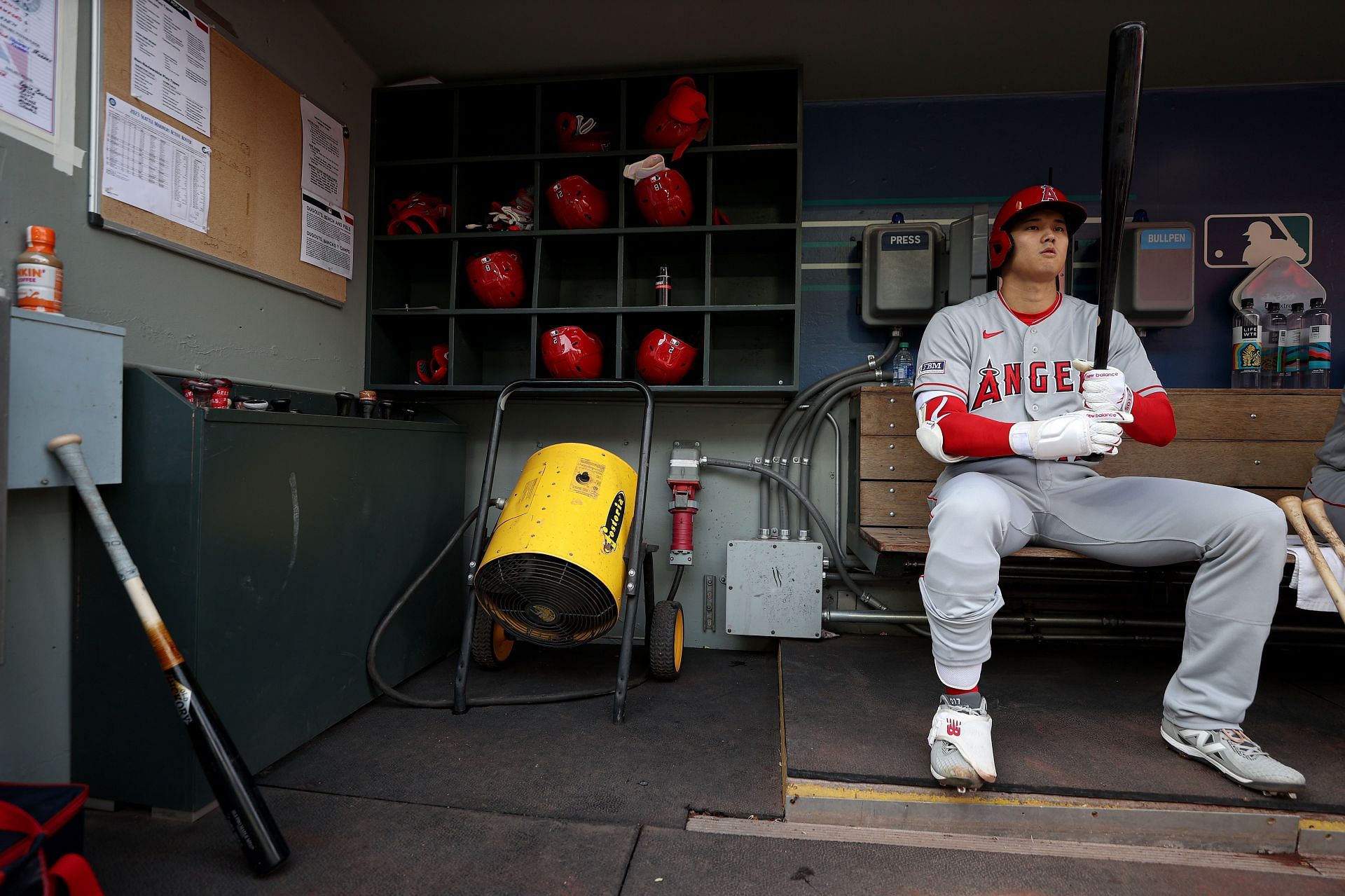 Los Angeles Angels pinch hitter Shohei Ohtani wears a jersey with his  nickname SHOWTIME on the back as he bats in the eighth inning during the  Major League Baseball game against the