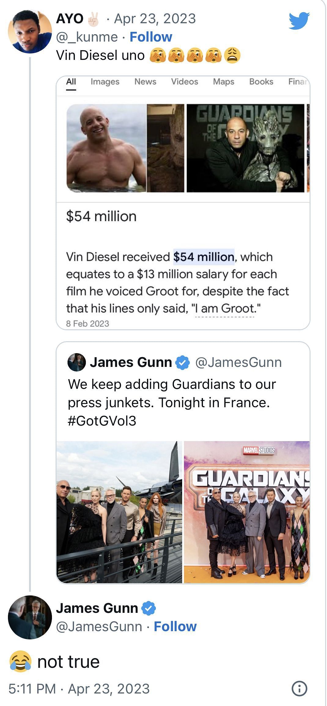 James Gunn shuts down rumors of Vin Diesel&#039;s reported $54 million payday for voicing Groot in the Marvel Cinematic Universe in a tweet (Image via James Gunn Twitter)