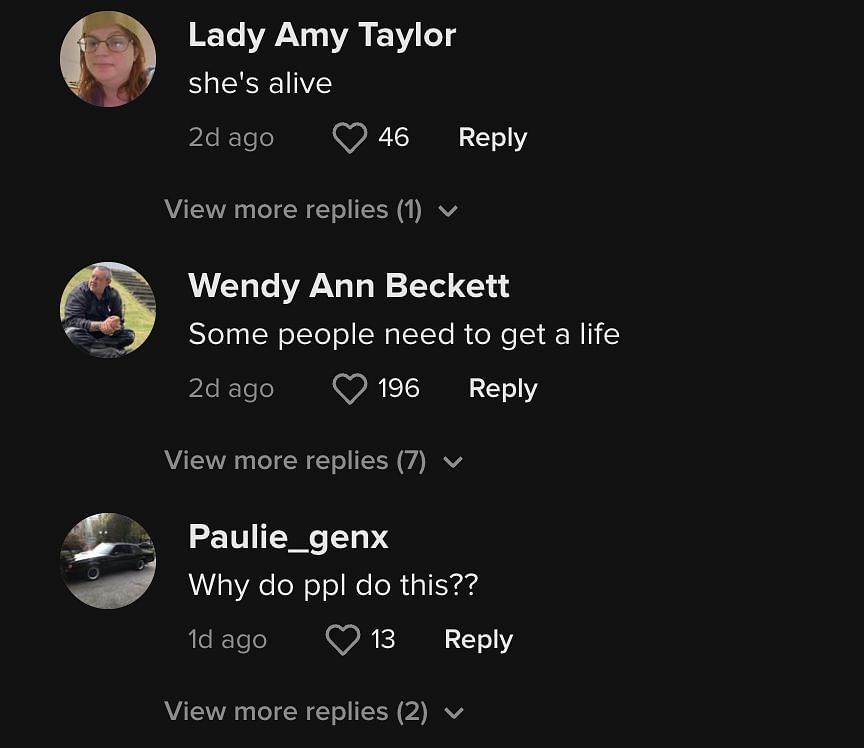 Other social media users commented on various TikToks, confirming that the singer is alive and not dead. (Image via TikTok)
