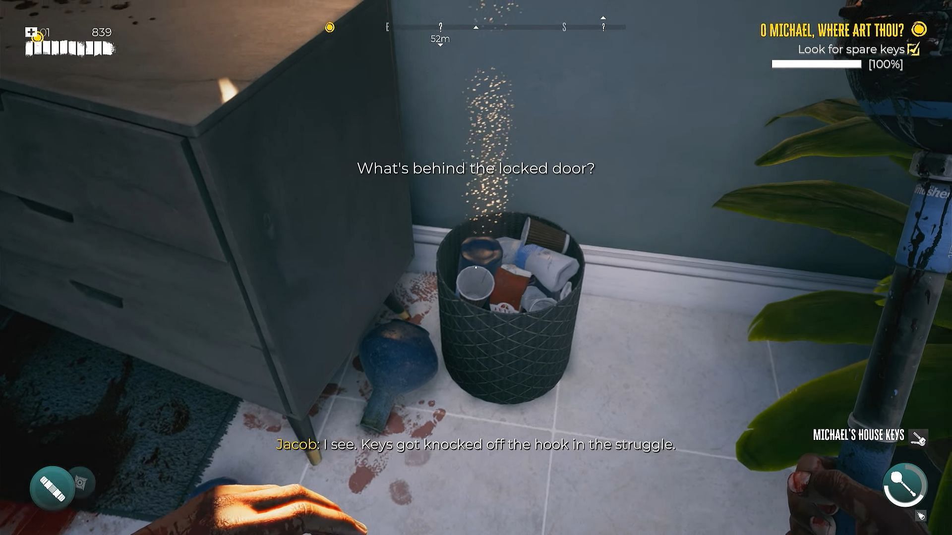 Michael&#039;s spare keys are located in this trash can (Image via Dambuster Studios)