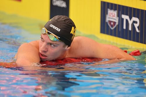 Leon Marchand reacts after winning the Men's 200 Meter Breaststroke Final on Day 3 of the TYR Pro Swim Series Westmont at FMC Natatorium on April 14, 2023