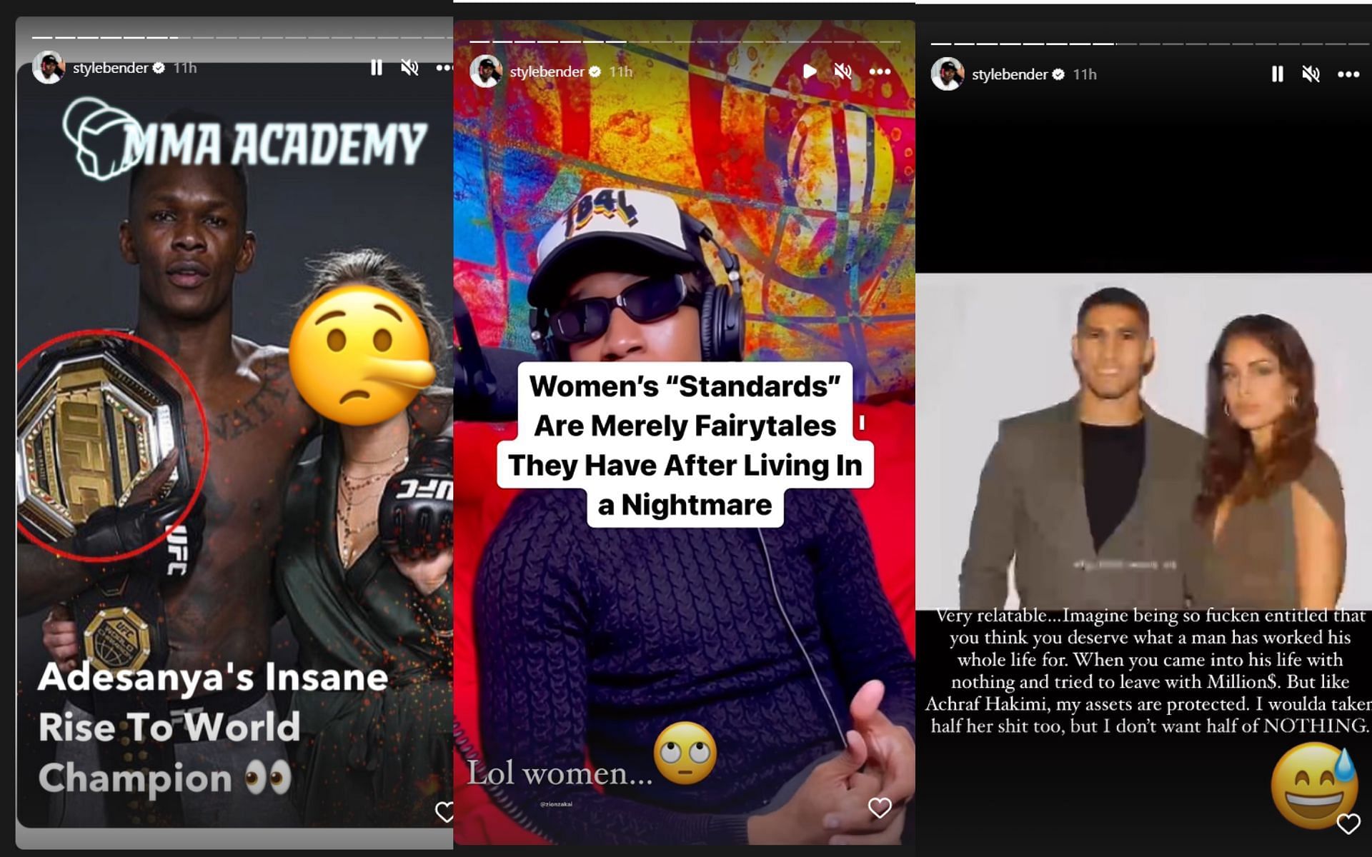 Screenshot of Adesanya's Instagram Stories; Adesanya and Powdrell with a 'Pinocchio' emoji superimposed on her face (far left)