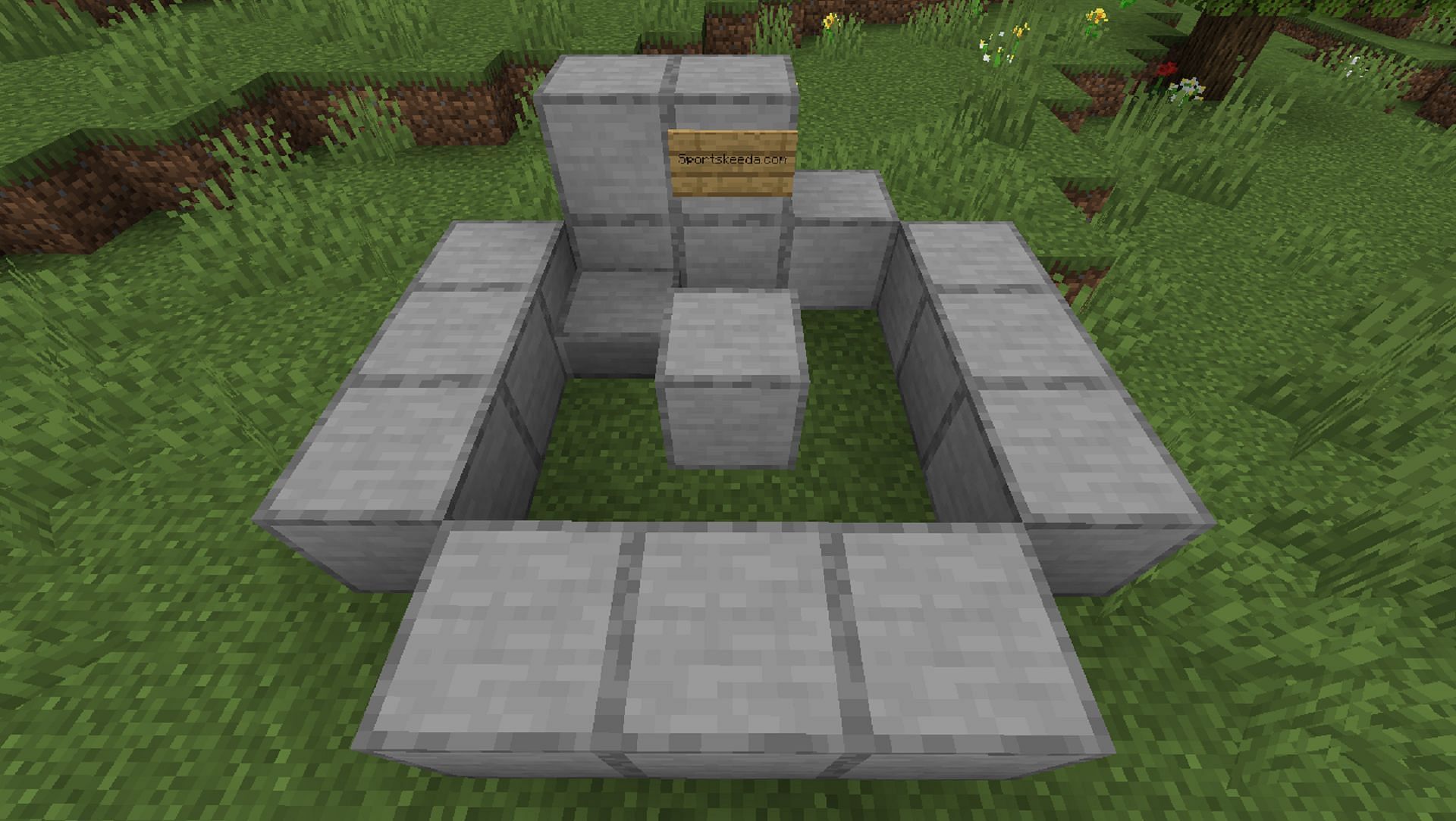 The same AFK pool without its water, displaying the block placement and slab corner necessary to ensure the water flow (Image via Mojang)