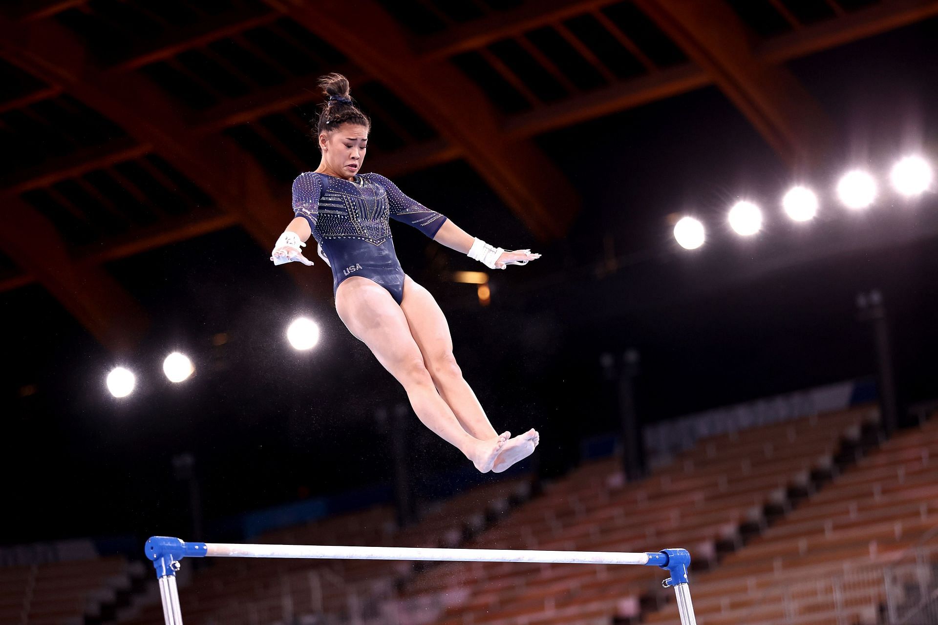 Sunisa Lee of Team United States competes in the Women&#039;s Uneven Bars Final on day nine of the Tokyo 2020 Olympic Games at Ariake Gymnastics Centre