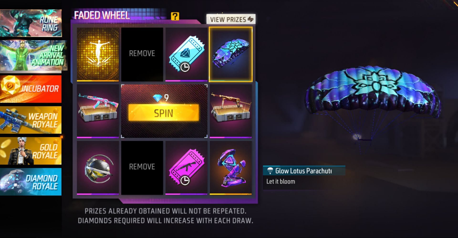 Spend diamonds on spins to receive the items (Image via Garena)