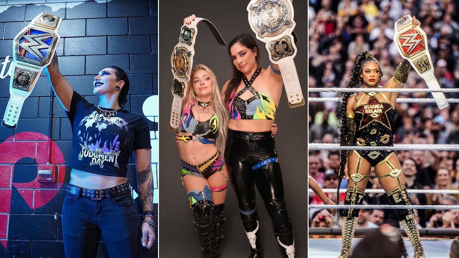 Rhea Ripley, Bianca Belair, Liv Morgan, &amp; Raquel Rodriguez are the current champions on the main roster!