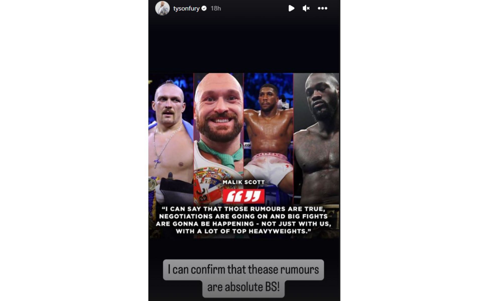 Tyson Fury's Instagram story denying rumors of a four-man heavyweight tournament in Saudi Arabia. [via Instagram @tysonfury]