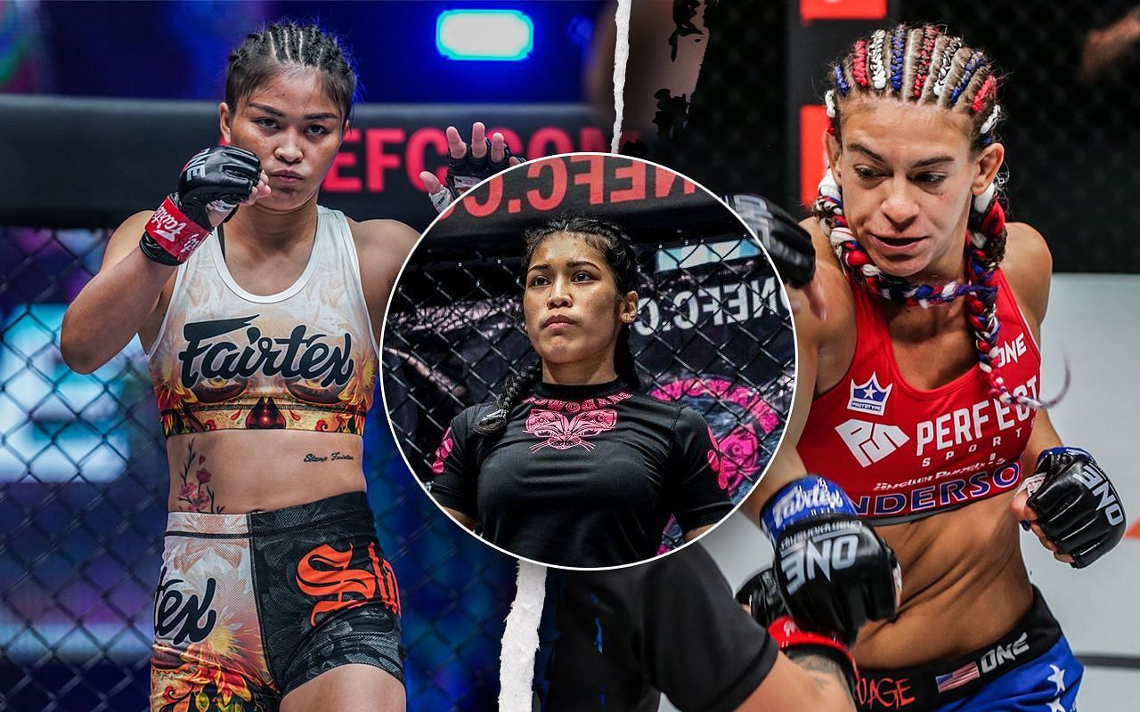 Jihin Radzuan (C) believes Stamp Fairtex (L) will win over Alyse Anderson (R). | [Photos: ONE Championship]