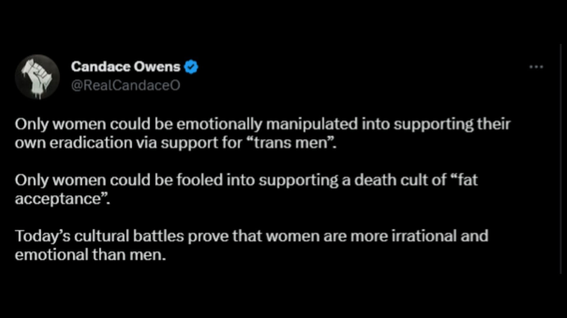 Screenshot of Candace Owens&#039; tweet bashing today&#039;s women.