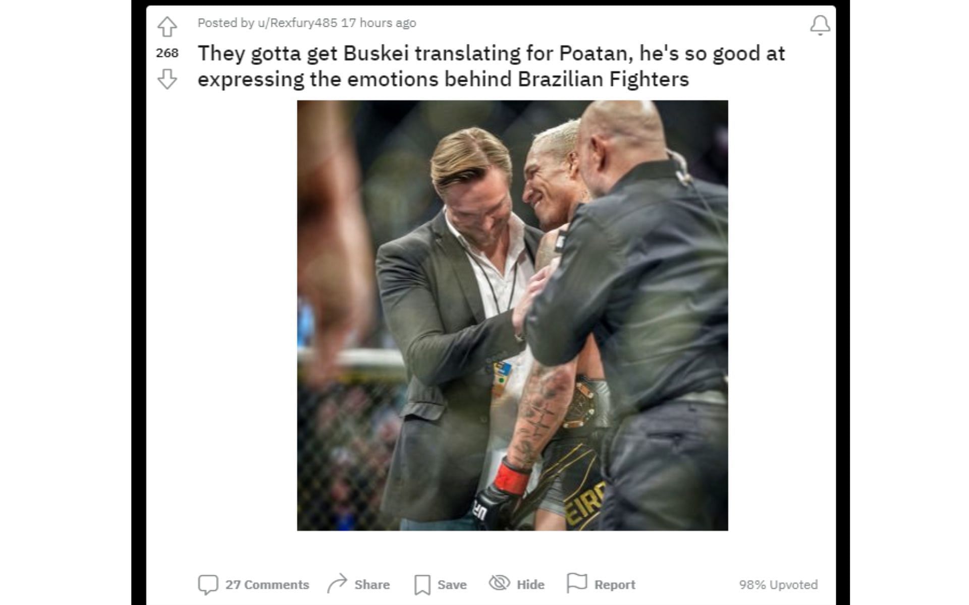 Screenshot of Reddit user&#039;s post about Pereira and Buskei at UFC 287