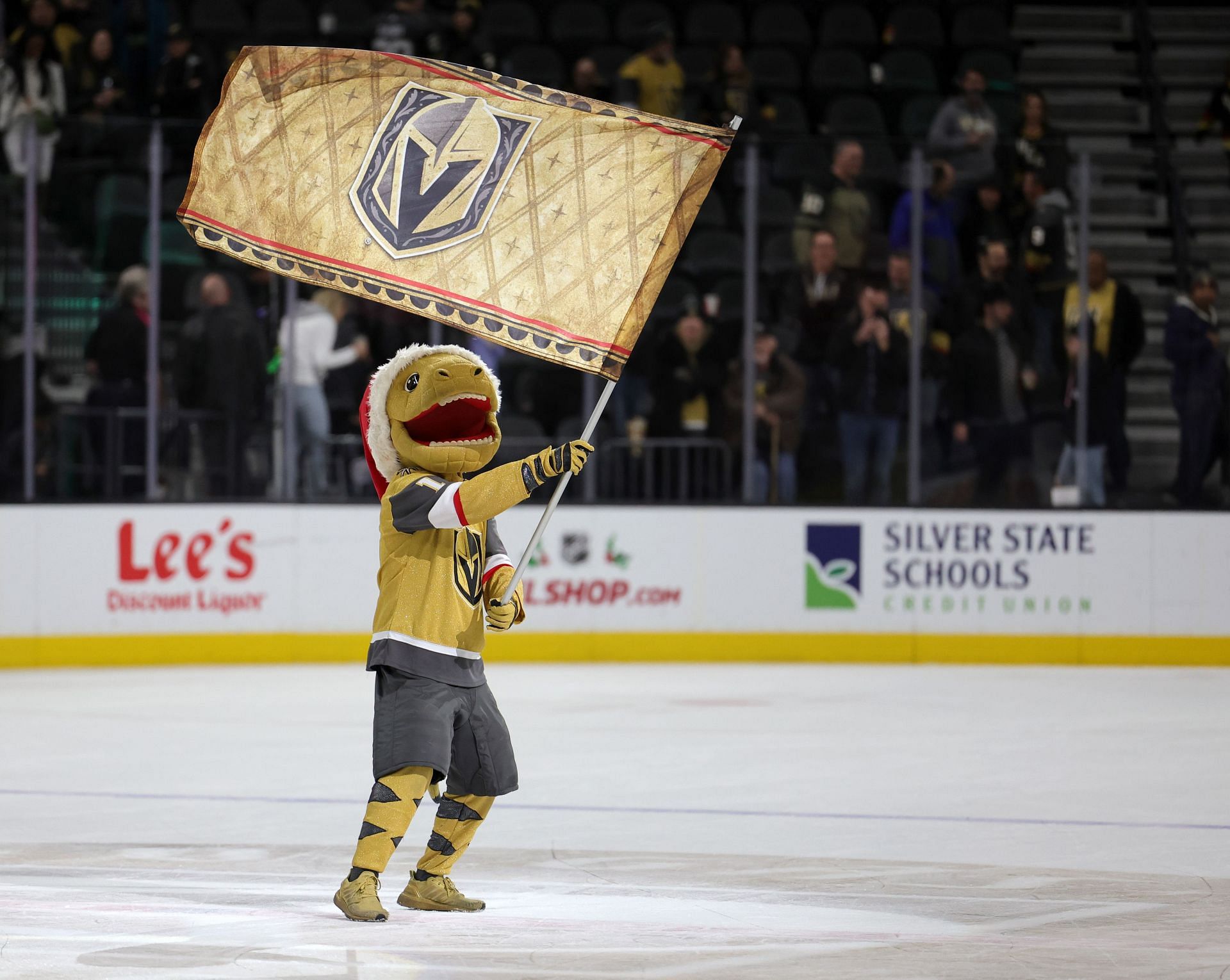 Vegas Golden Knights mascot Chance (left), Barney the Dinosaur