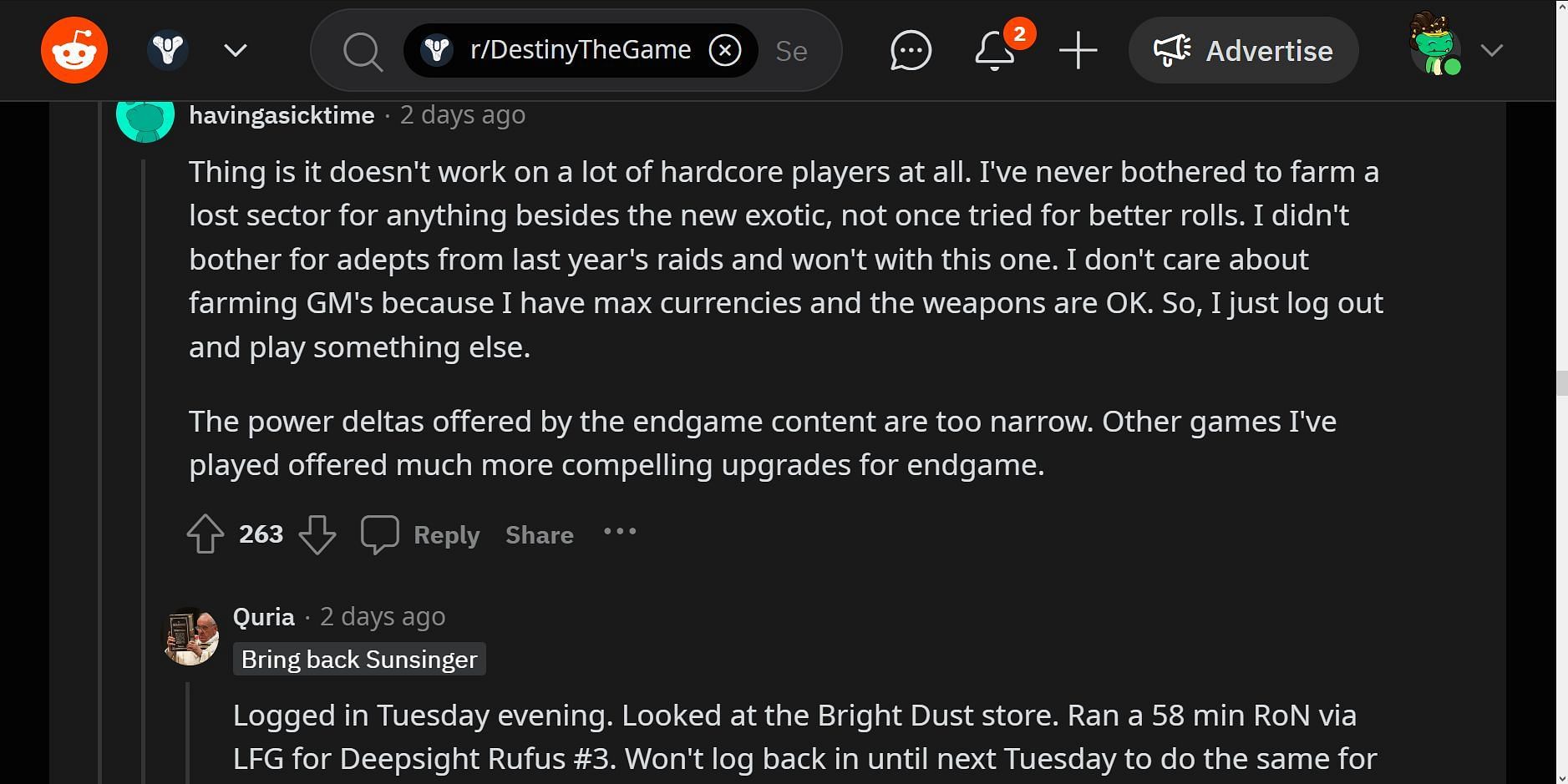 Comments on how the system caters to hardcore players (Image via Reddit)