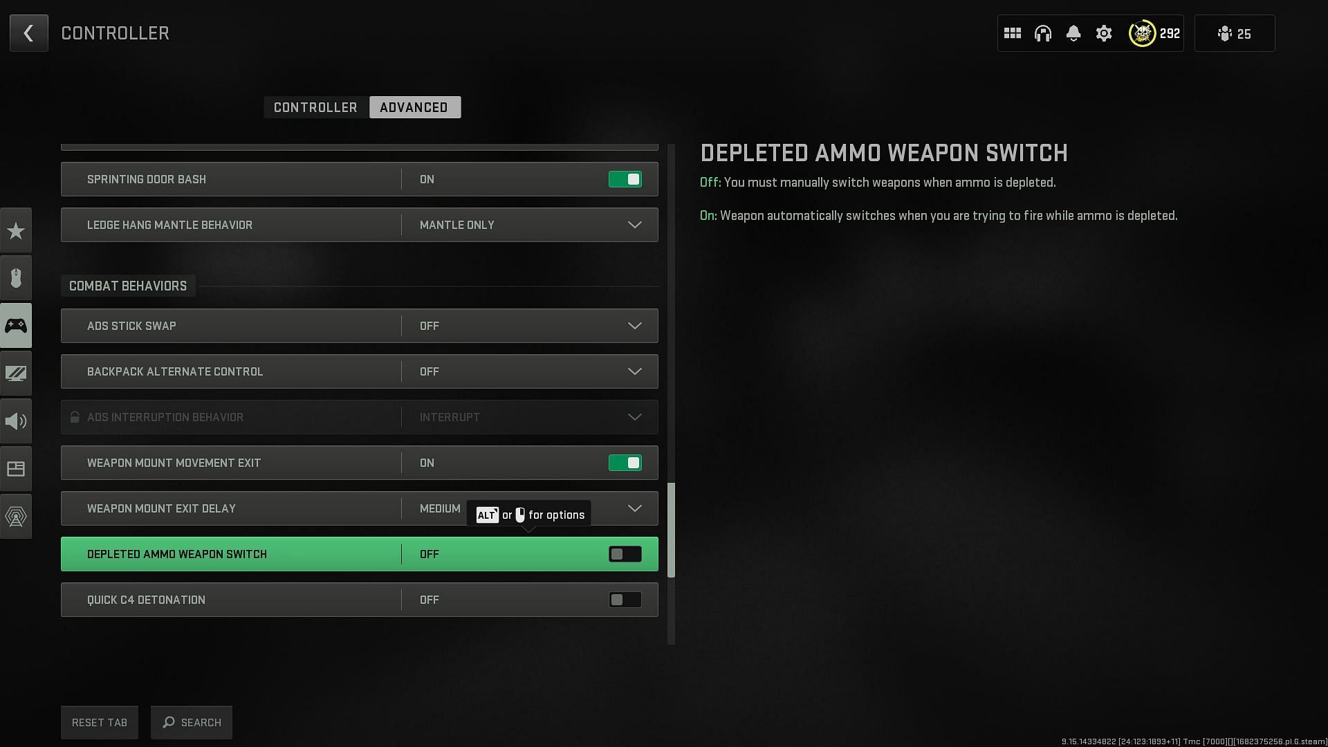 Turning off Depleted Ammo Weapon Switch(Image via Activision)