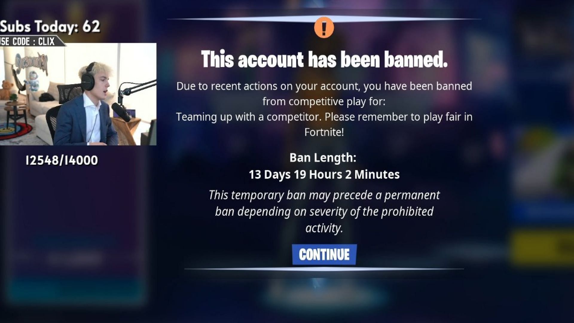 Clix addressing his Fortnite ban (Image via Twitter/Clix)