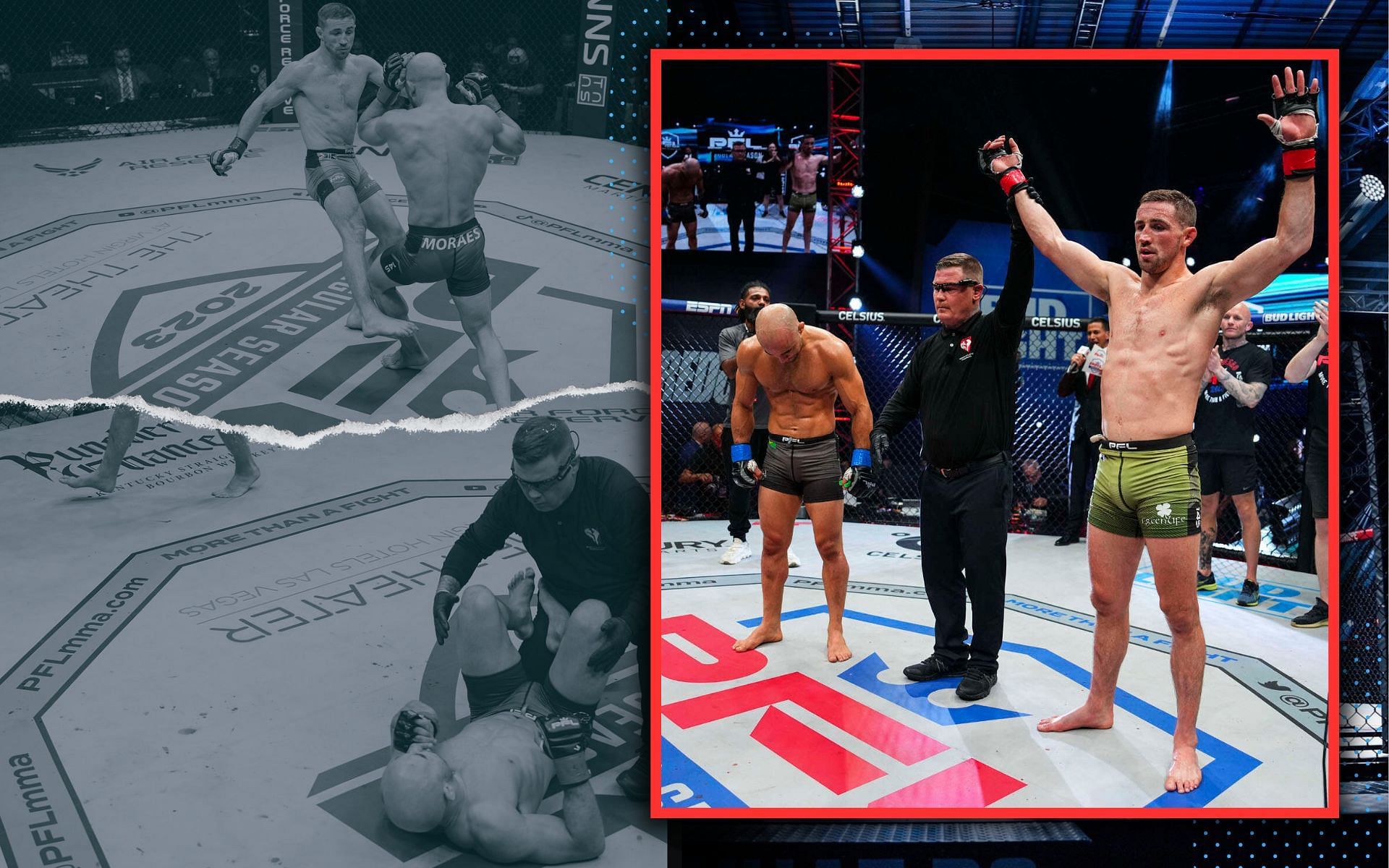 Former UFC title challenger suffers shock leg-kick TKO at PFL 1 event . [Image credits: pflmma.com and @pflmma on instagram]