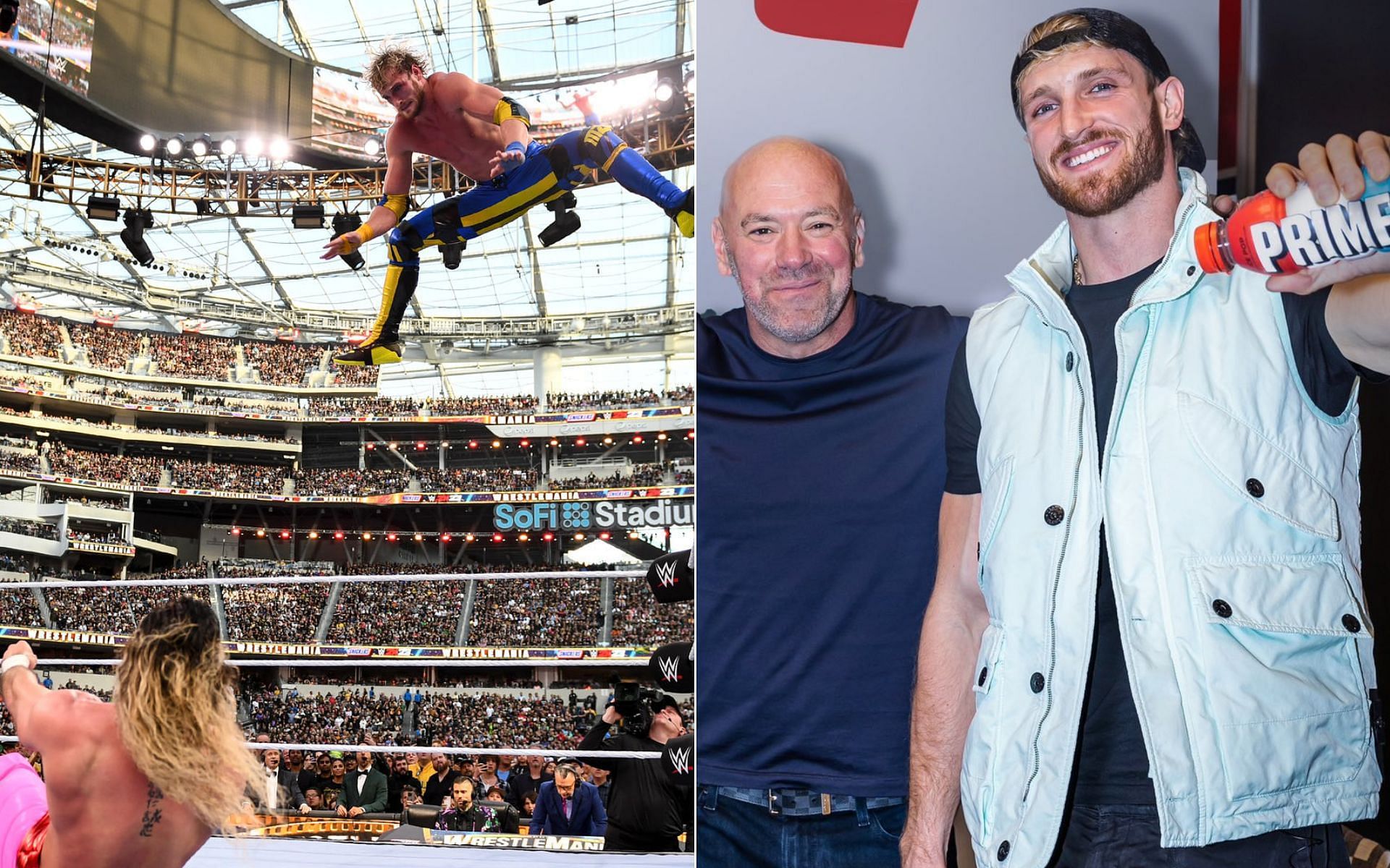 Logan Paul vs. Seth Rollins [Left],  and Dana White and Logan Paul [Photo credit wwe.com, and @PrimeHydrate - Twitter]