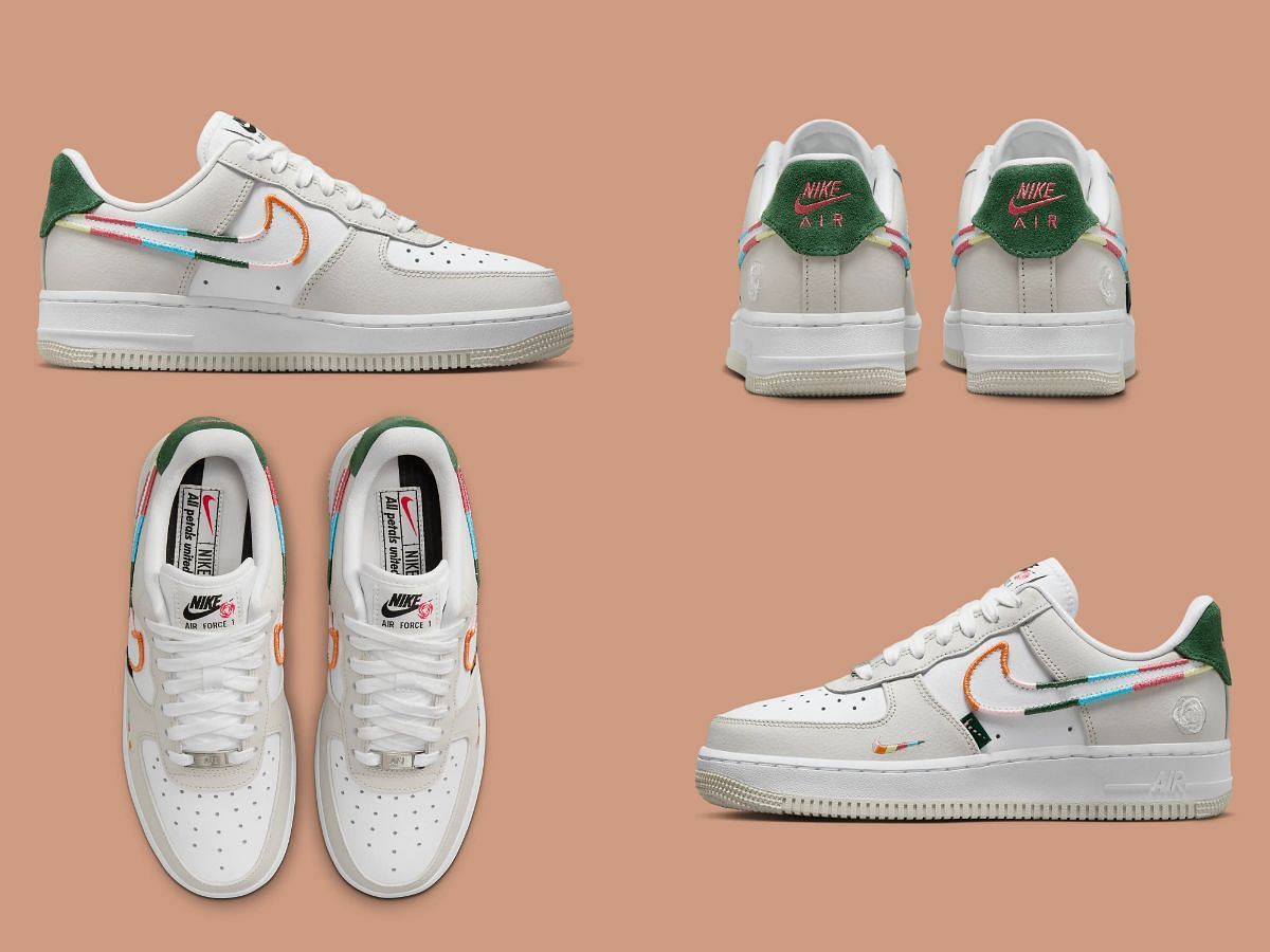 The upcoming Nike Air Force 1 Low &quot;All Petals Unit&quot; sneakers feature a multi-colored swoosh logo (Image via Sportskeeda)