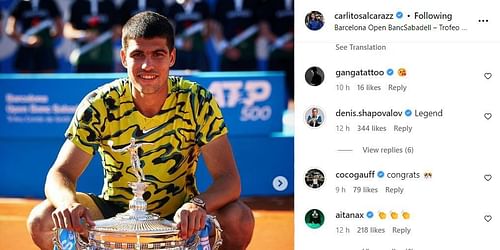 Coco Gauff and Denis Shapovalov congratulated Carlos Alcaraz on Barcelona triumph