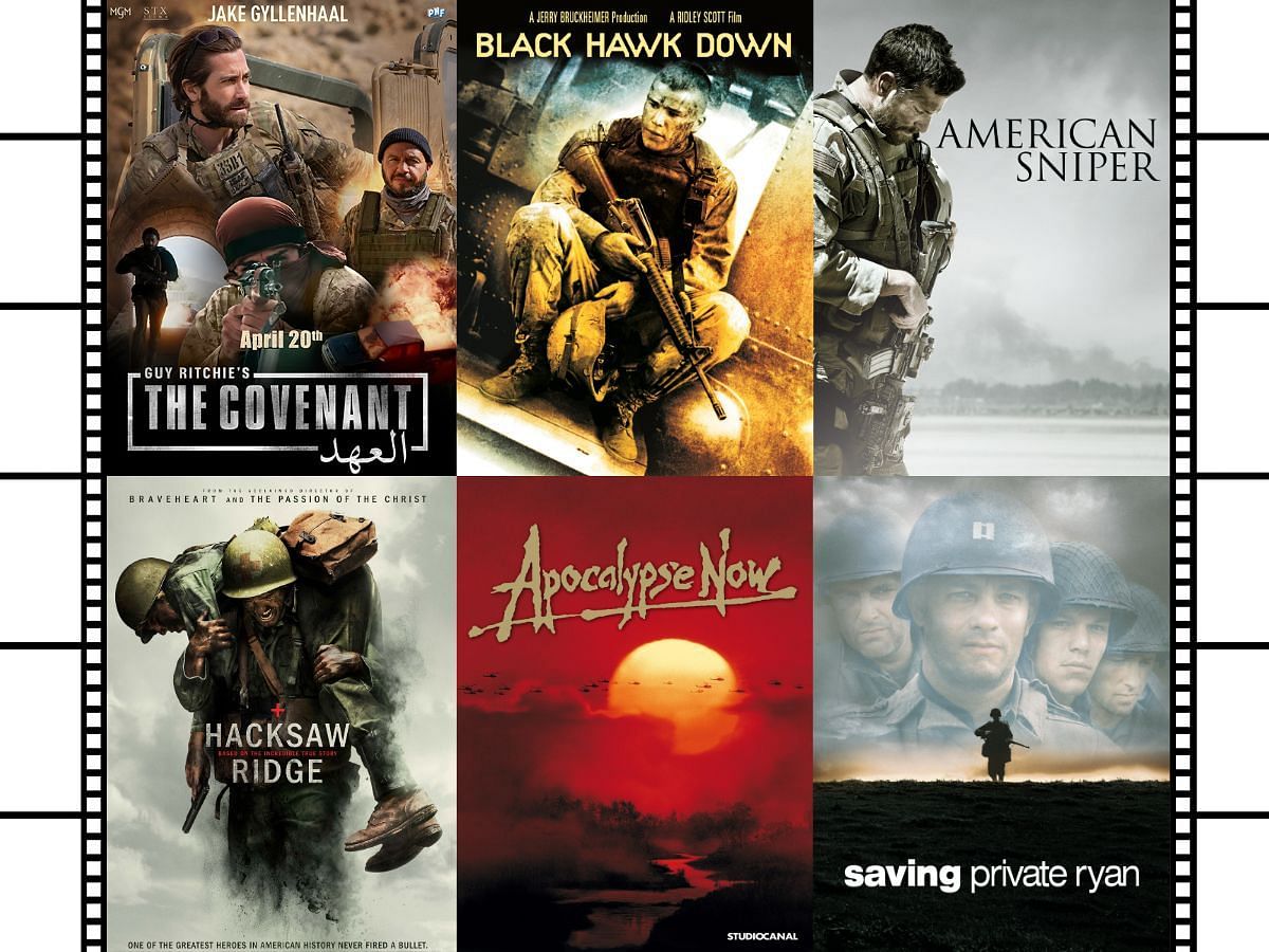 Collage of posters of intense US Military movies (images via Prime Video, The Movie Database, Entertainment Weekly, IMP Awards)
