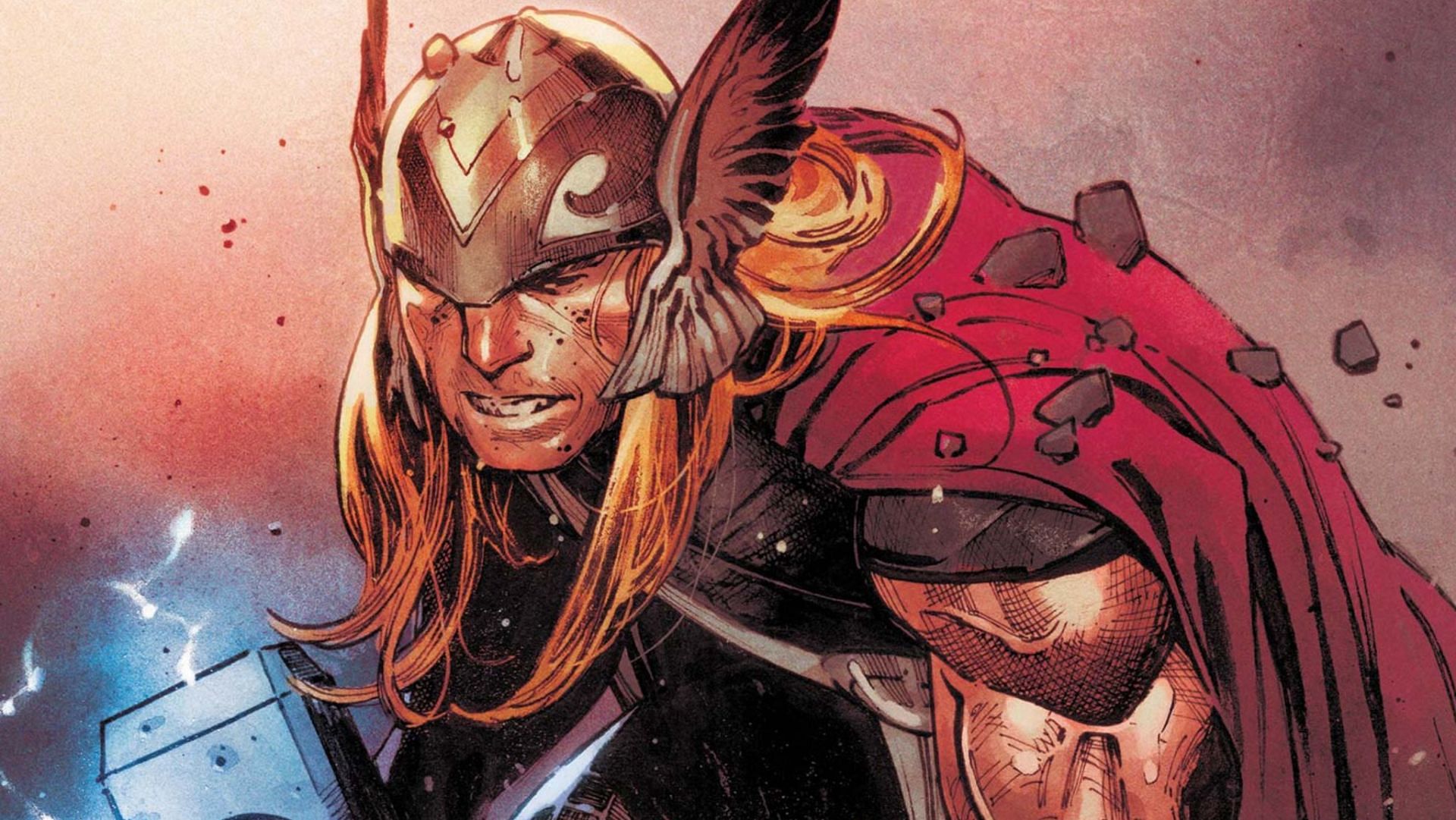 Thor in his iconic red cape and metal armor, wielding his mighty hammer Mjolnir (Image via Marvel Comics)