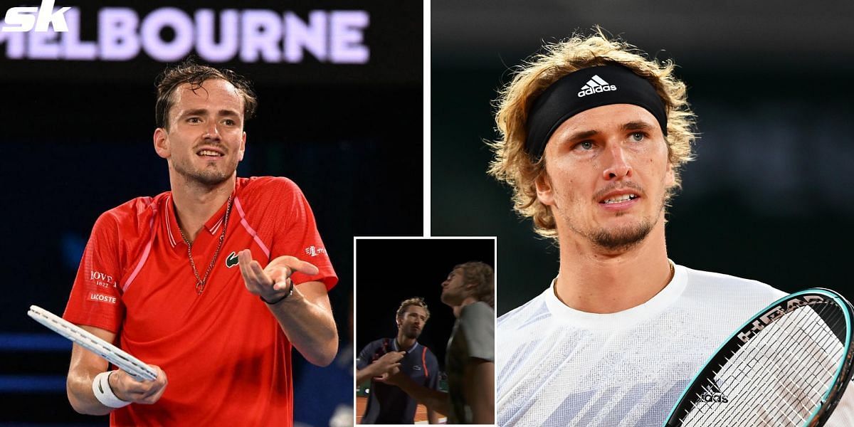 Daniil Medvedev (L) and Alexander Zverev (R) exchange cold handshake after 3R match (inset)