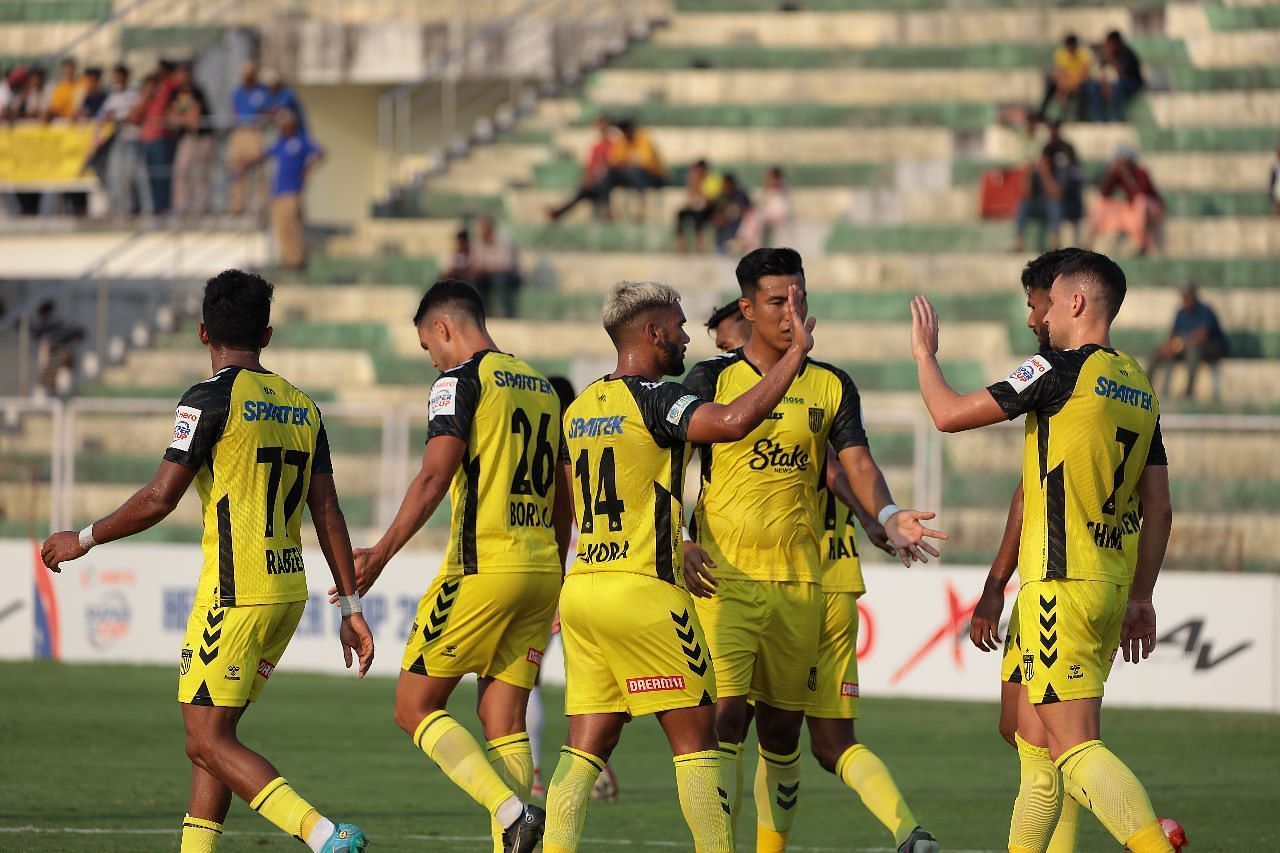 Hyderabad FC players celebrating after their victory against Aizawl FC.