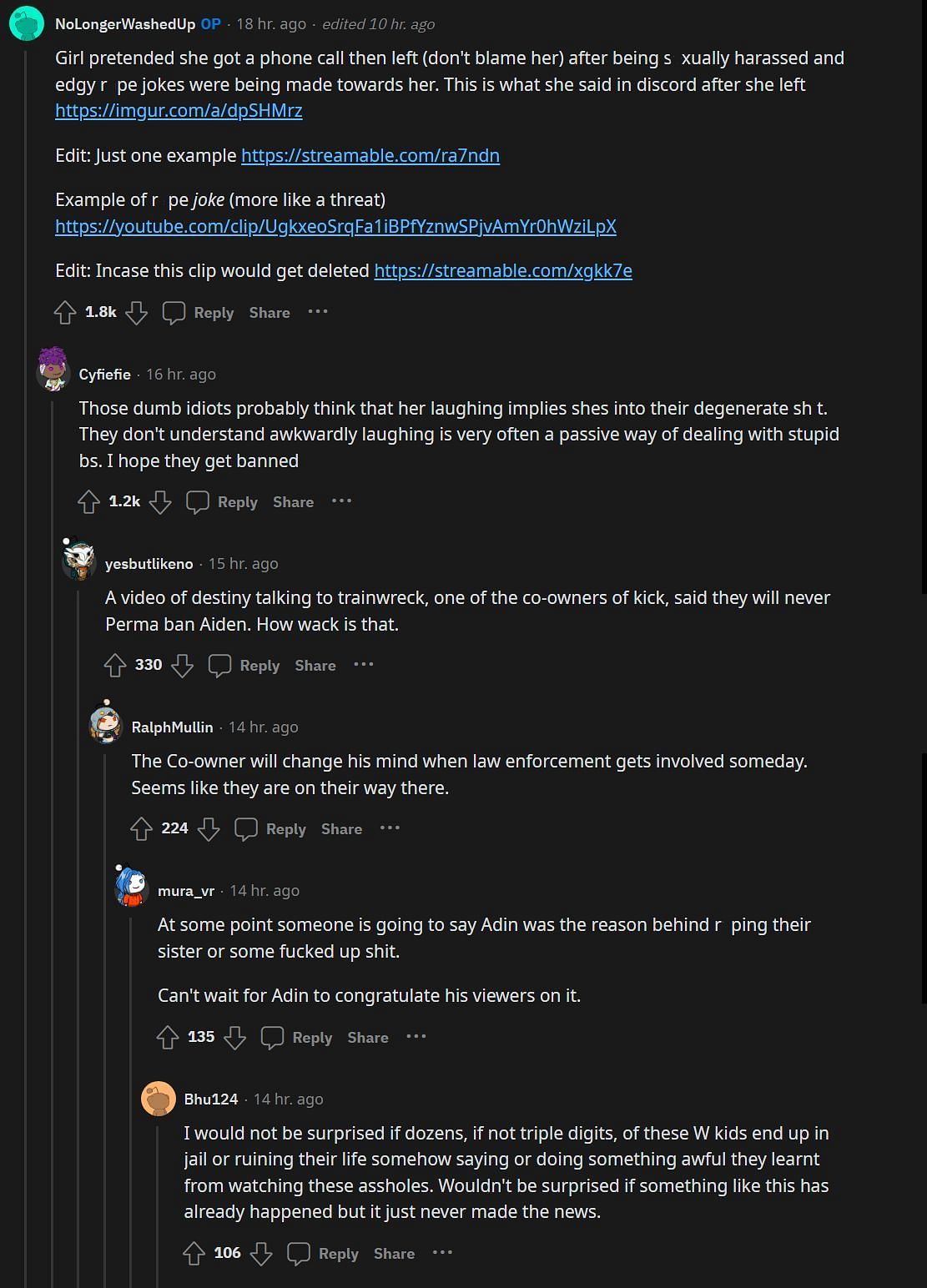 Reddit comments about the incident (Image via r/LivestreamFail)