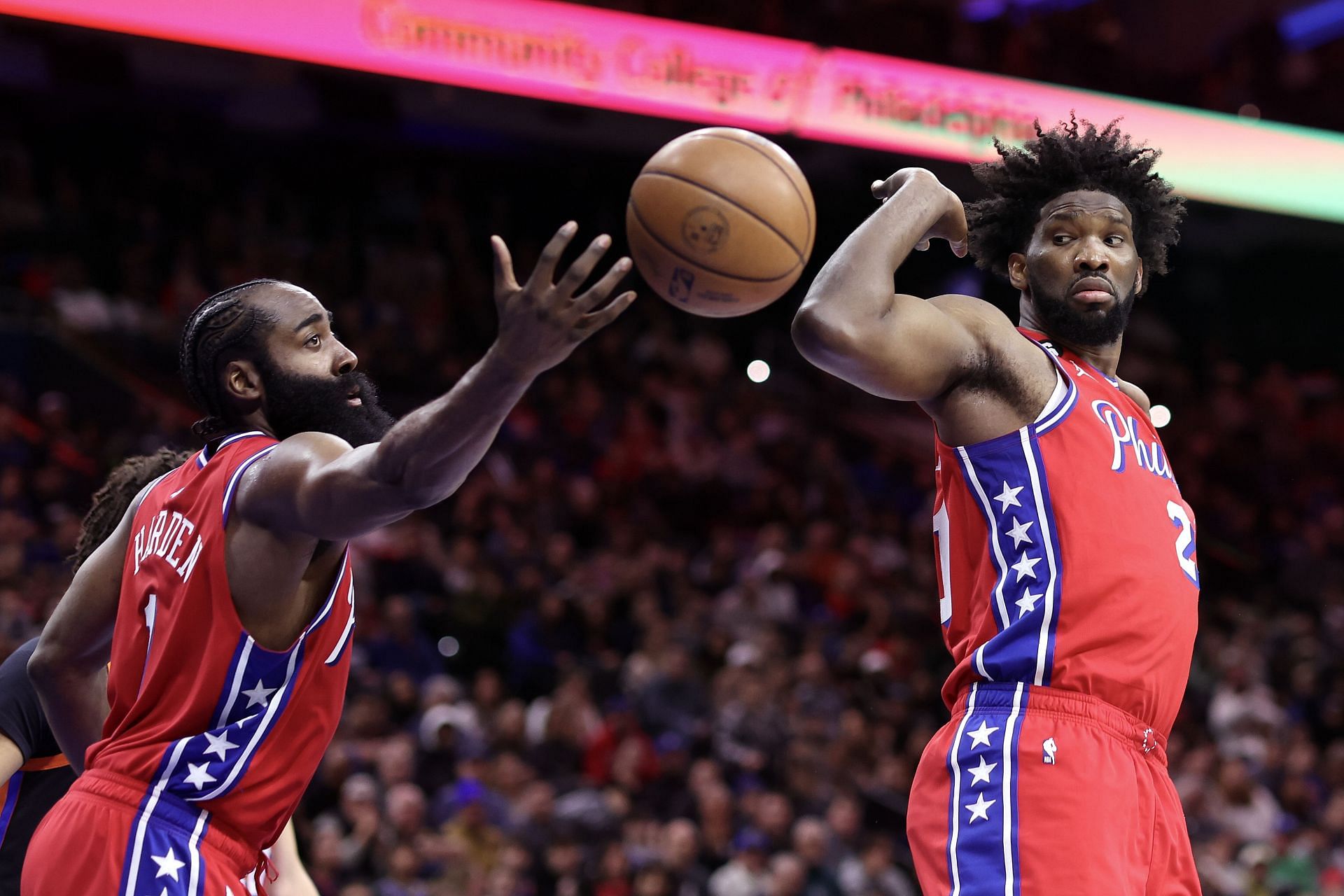 James Harden and Joel Embiid (right) of the Philadelphia 76ers