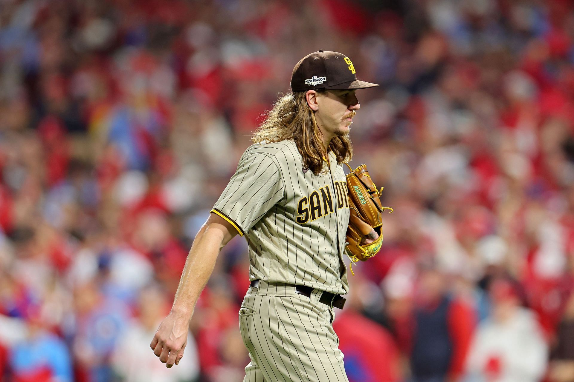 Mike Clevinger of the San Diego Padres leaves the game during the first inning against the Philadelphia Phillies in game four of the National League Championship Series at Citizens Bank Park