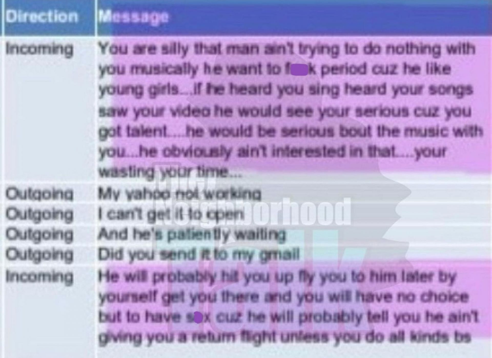 Transcript of text messages between Azriel and Alice Clary regarding the singer (Image via theneighborhoodtalk/Instagram)