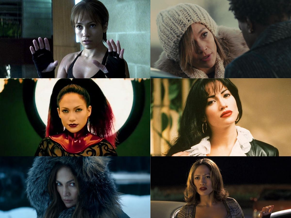 Collage of Jennifer Lopez in The Mother and five of her past films. (images via Enough - Trailer (Dailymotion), Entertainment Weekly, Bloody Disgusting, Advocate Channel, Netflix)