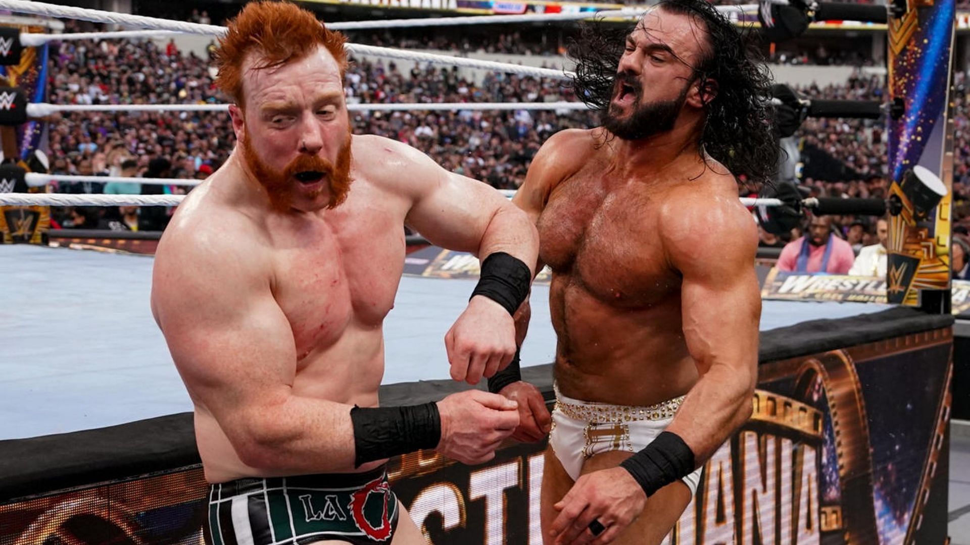 Scene from Drew McIntyre vs. Sheamus vs. Gunther for the WWE Intercontinental Championship at WrestleMania 39.