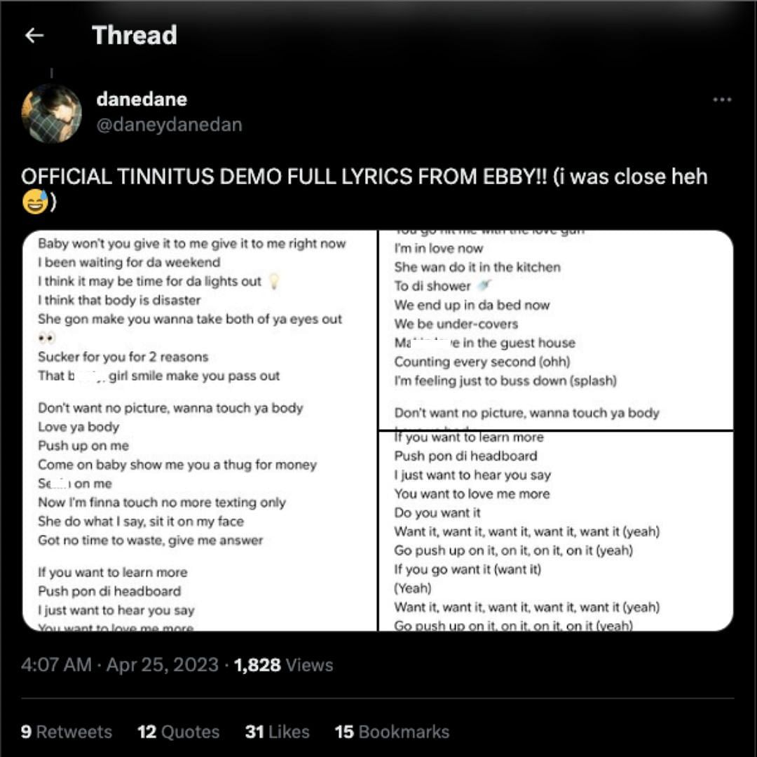 The demo song&#039;s original lyrics have stunned fans (Image via Twitter/@daneydanedan)