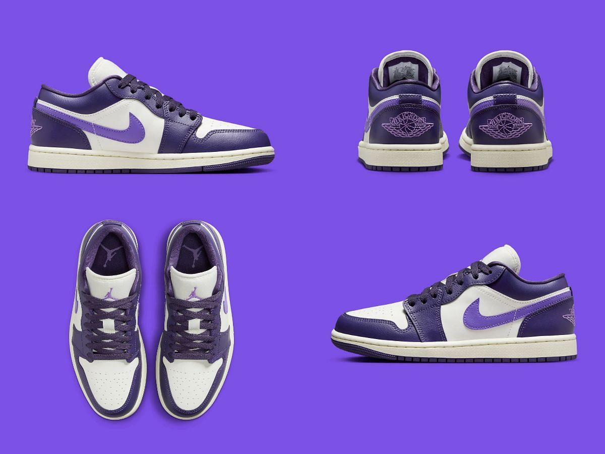 The upcoming Nike Air Jordan 1 Low &quot;Purple Sail&quot; sneakers will be released exclusively in women&#039;s sizes (Image via Sportskeeda)