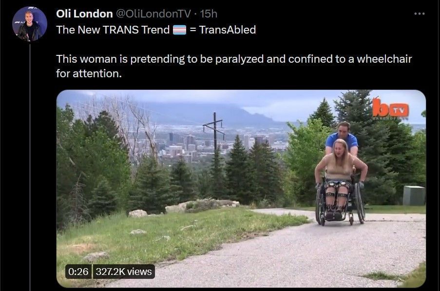 Video of an able-bodied woman in a wheelchair (Image via Twitter/Oli London)