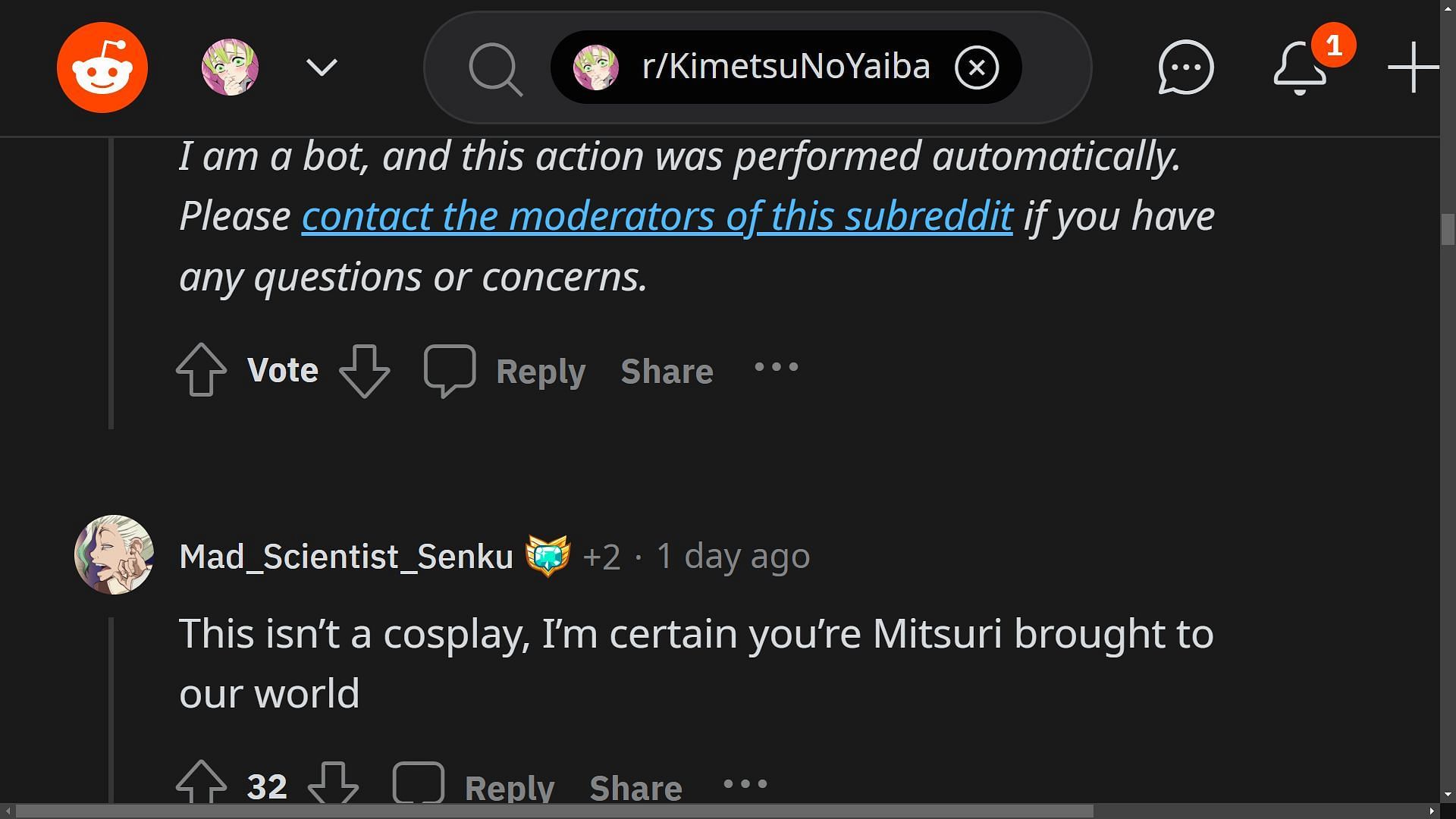 Fan responds to Mitsuri&#039;s cosplay (Image via Reddit thread r/KimetsuNoYaiba)