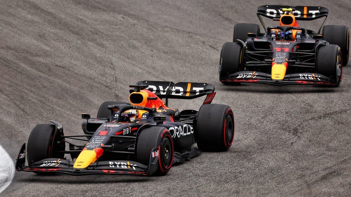 The Red Bulls of Max Verstappen (driver no. 1) and Sergio Perez (driver no. 11)