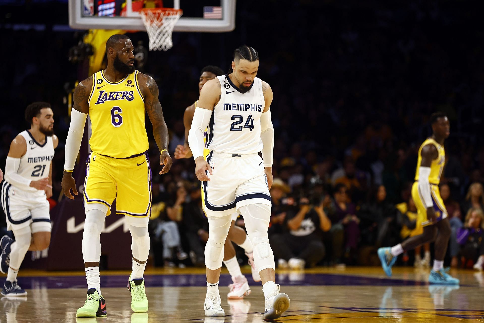 LeBron James (second left) and Dillon Brooks