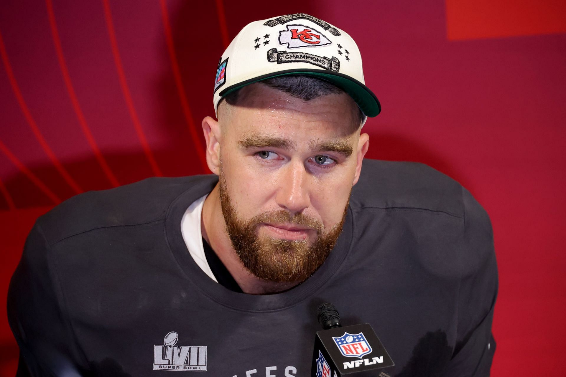 Travis Kelce at the Super Bowl LVII - Kansas City Chiefs v Philadelphia Eagles press conference