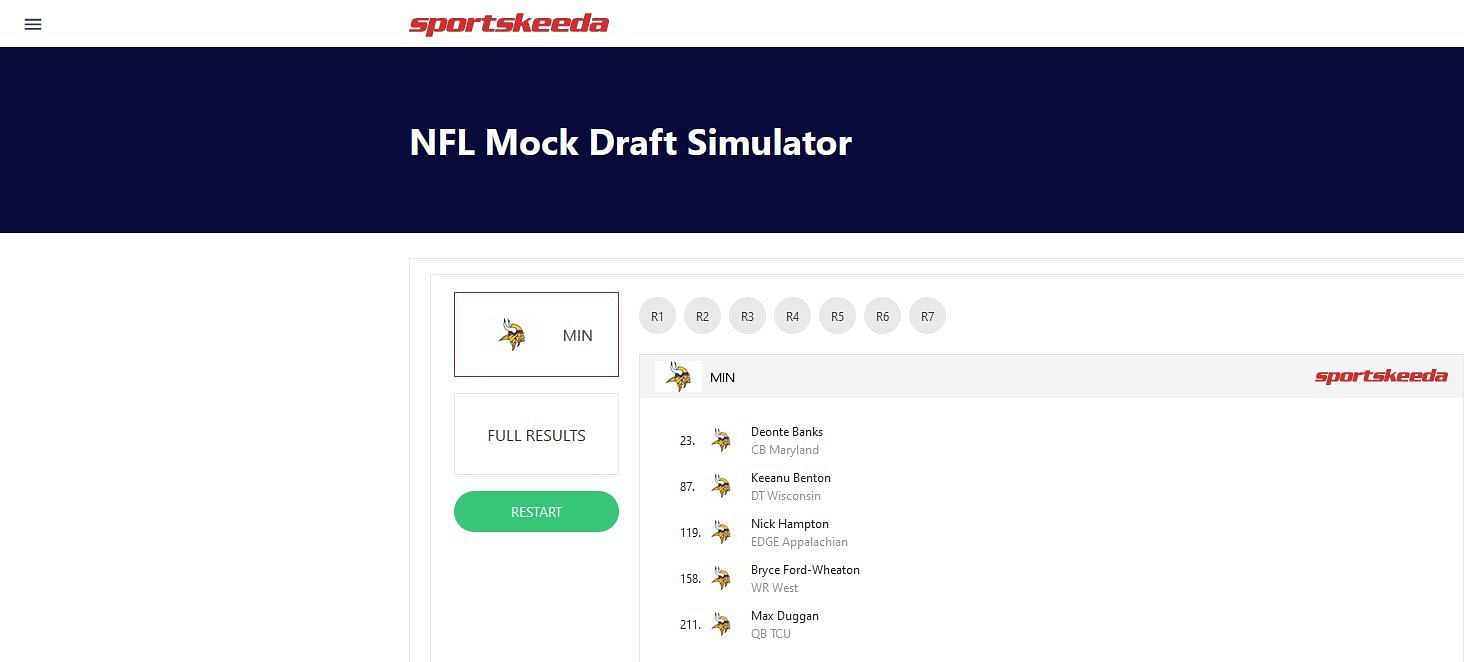 Sportskeeda&#039;s NFL Mock Draft Simulator has the Vikings&#039; picks listed above