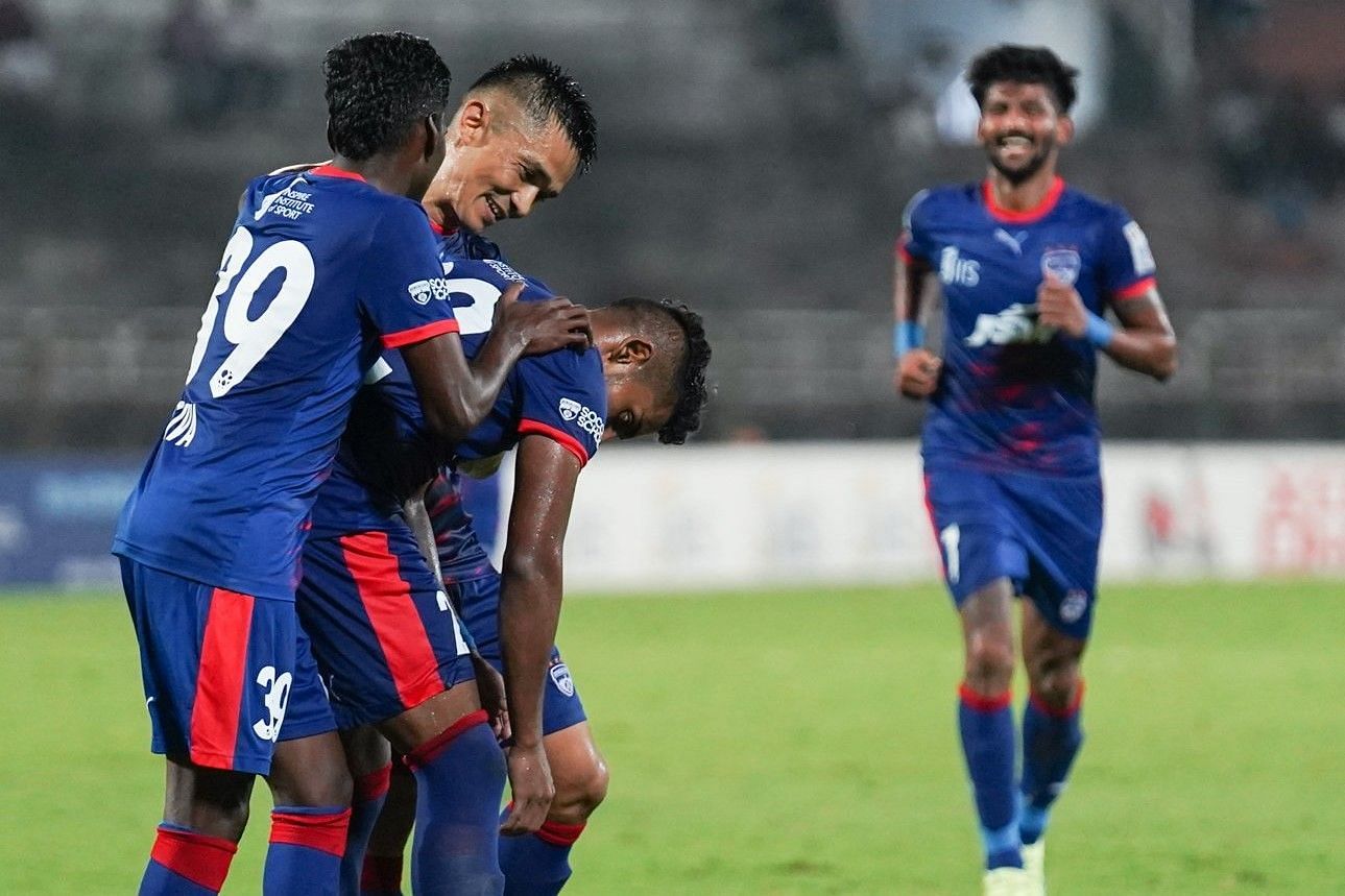 Bengaluru FC players celebrating their second goal against Jamshedpur FC