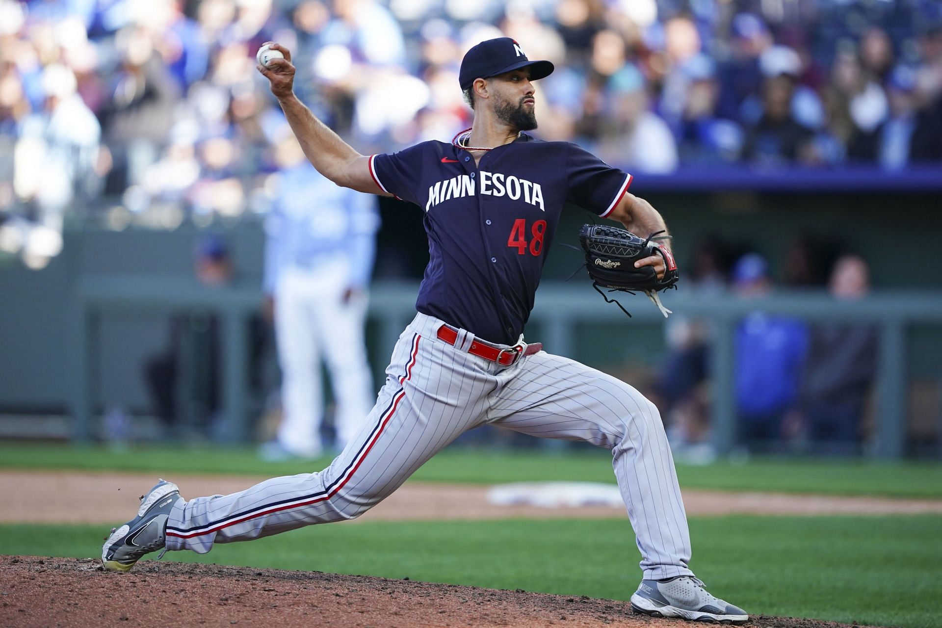 Jorge Lopez of the Minnesota Twins pitches against the Kansas City Royals at Kauffman Stadium