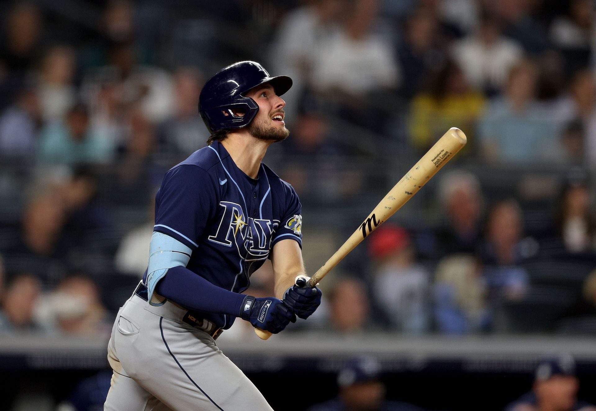 Tampa Bay Rays v New York Yankees: NEW YORK, NEW YORK - MAY 11: Josh Lowe #15 of the Tampa Bay Rays hits a home run in the eighth inning against the New York Yankees at Yankee Stadium on May 11, 2023, in Bronx borough of New York City. (Photo by Elsa/Getty Images)