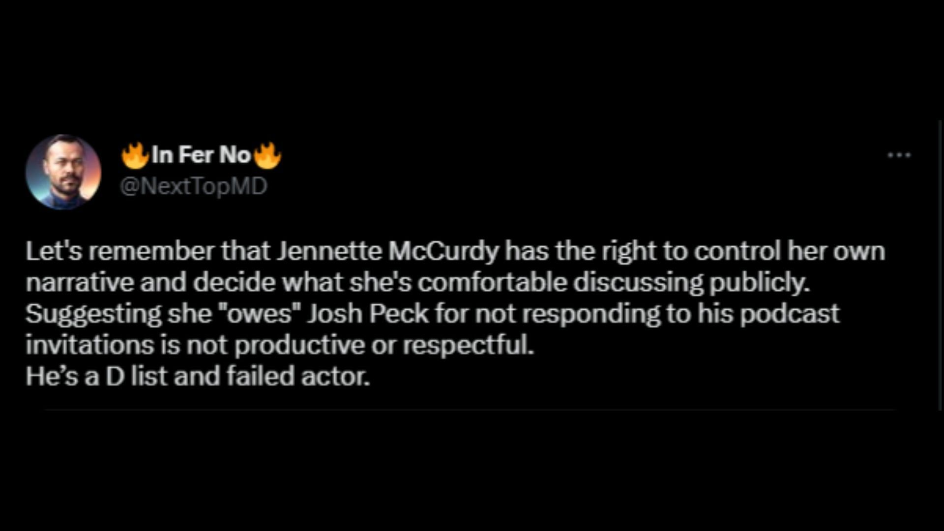 Screenshot of a Twitter user reacting to Peck&#039;s comments on McCurdy. (Image via @PopCrave/Twitter)