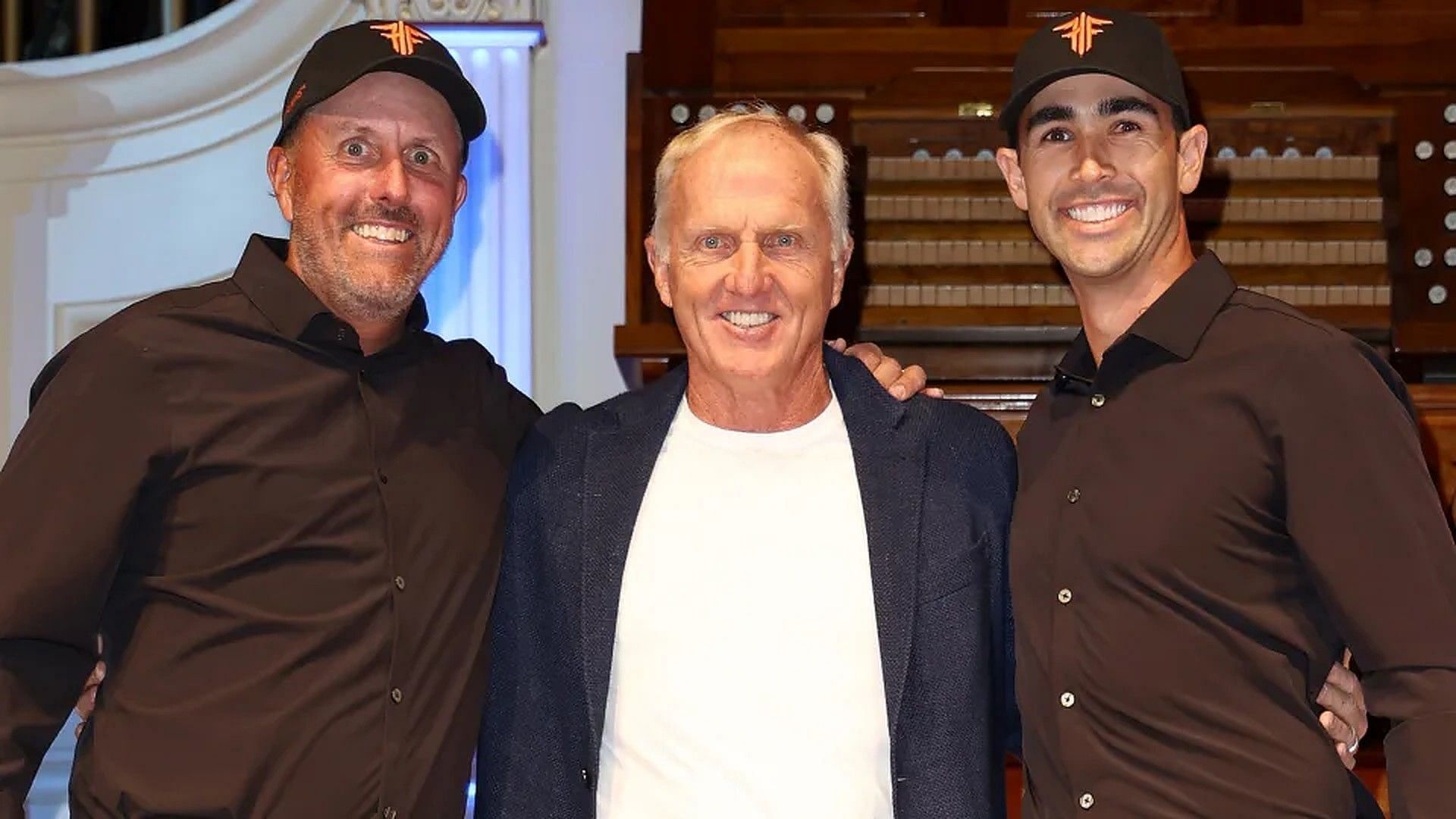 Phil Mickelson with Greg Norman and Cameron Tringale 