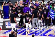 The Lakers celebrate winning the 2020 NBA Finals.