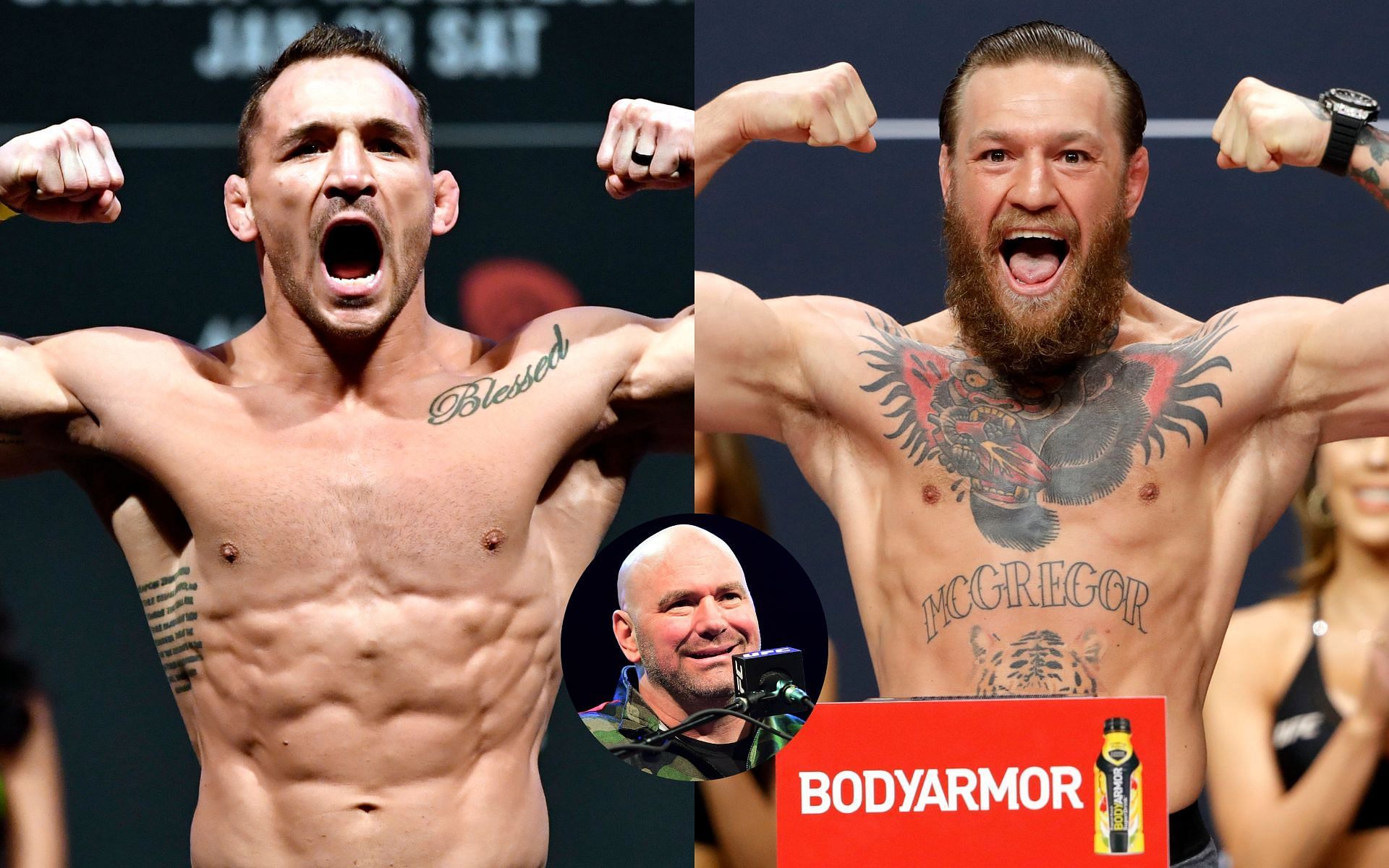 Michael Chandler (left), Dana White (middle), Conor McGregor (right)